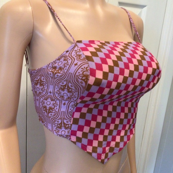 SO Juniors Pink Lavender Floral Checked Contrast Bandana Crop Tank Top Size XS - Picture 2 of 5